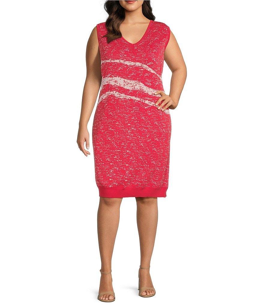 Ming Wang Plus Size Knit Abstract Print V-Neck Sleeveless Sheath Dress product image