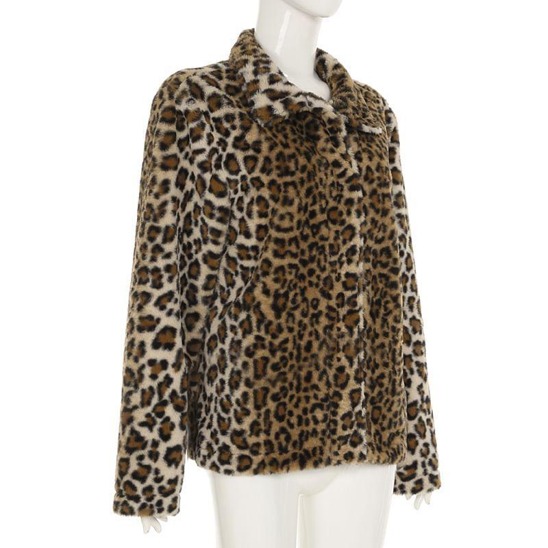 Stand Collar Leopard Print Fluffy Button-Up Jacket Product Image