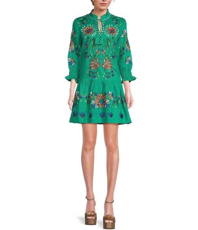 tyler boe Niki Linen Split V-Neck Tassel Tie 3/4 Sleeve Embroidered Dress Product Image