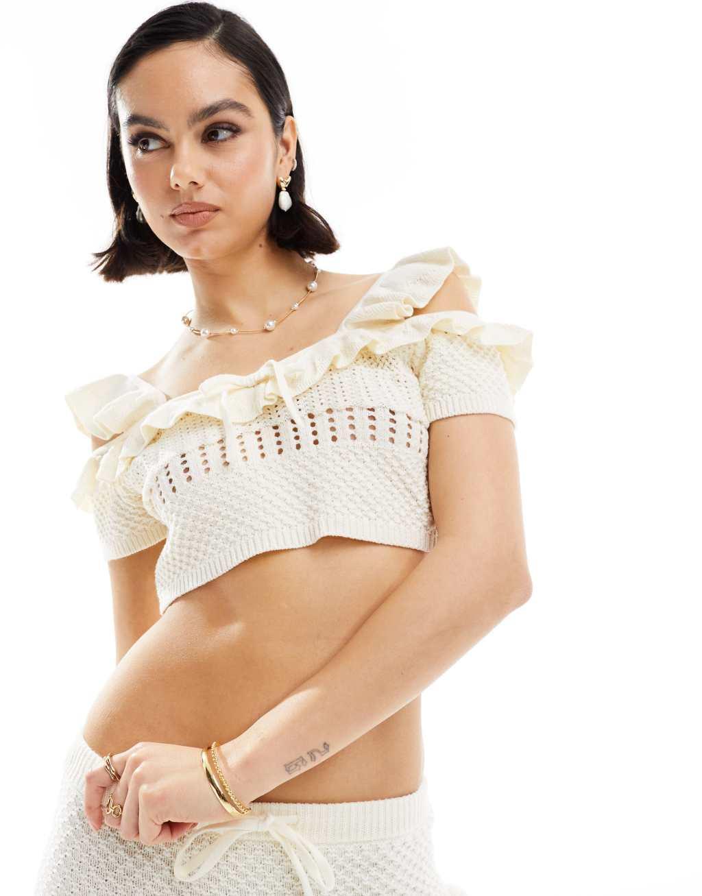 ASOS DESIGN knit stitch cami top with tie detail in cream - part of a set Product Image