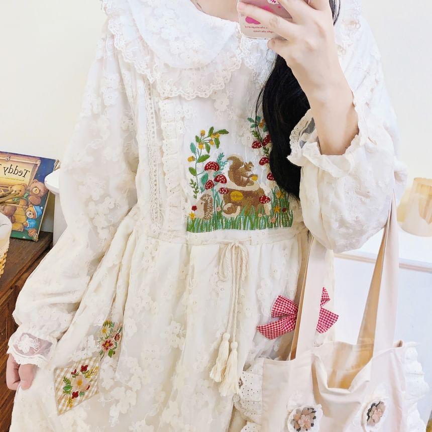 Long-Sleeve Collar Embroidered Lace Midi A-Line Dress Product Image