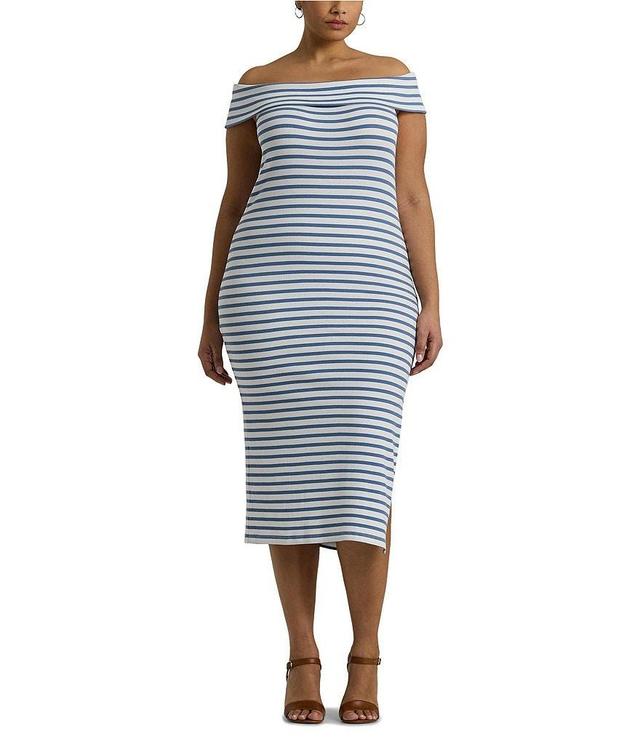 Ralph Lauren Plus Size Short Sleeve Off The Shoulder Neck Striped Midi Dress Product Image