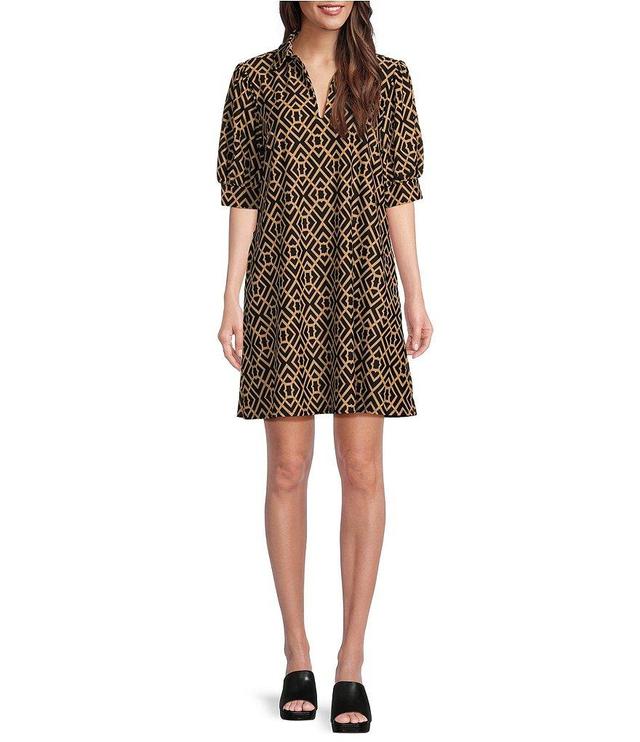 Jude Connally Emerson Garden Lattice Print Jude Cloth Knit Point Collar Puffed Sleeve Shift Dress Product Image