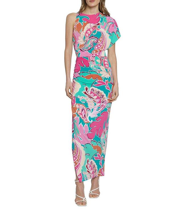 Donna Morgan Paisley Printed Round Neck Ruched Side One Shoulder Short Sleeve Side Slit Sheath Maxi Dress Product Image