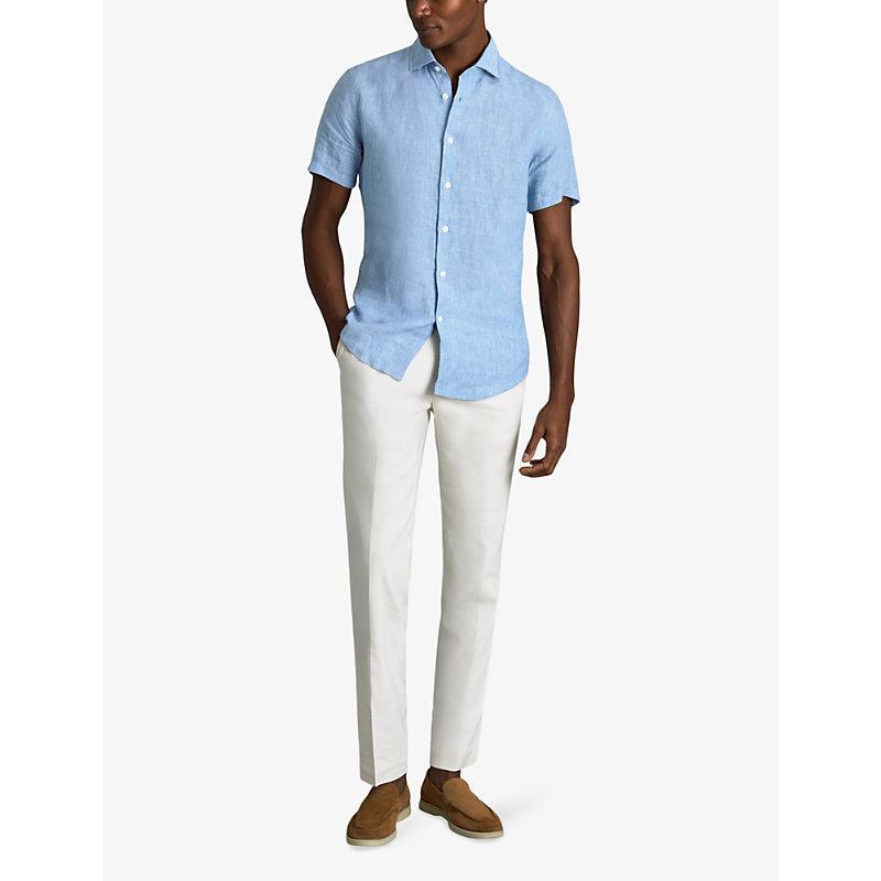 REISS Mens Sky Blue Holiday Regular-fit Short-sleeve Linen Shirt Product Image