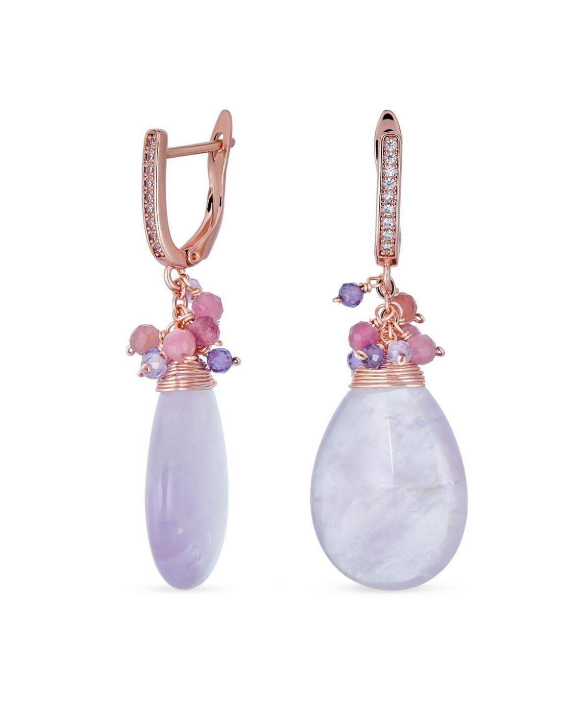 Bling Jewelry Fashion Multi Color Crystal Bead Accent Wire Warp Pear Shape Natural Amethyst Teardrop Drop Earrings For Women Rose Gold Pl Product Image