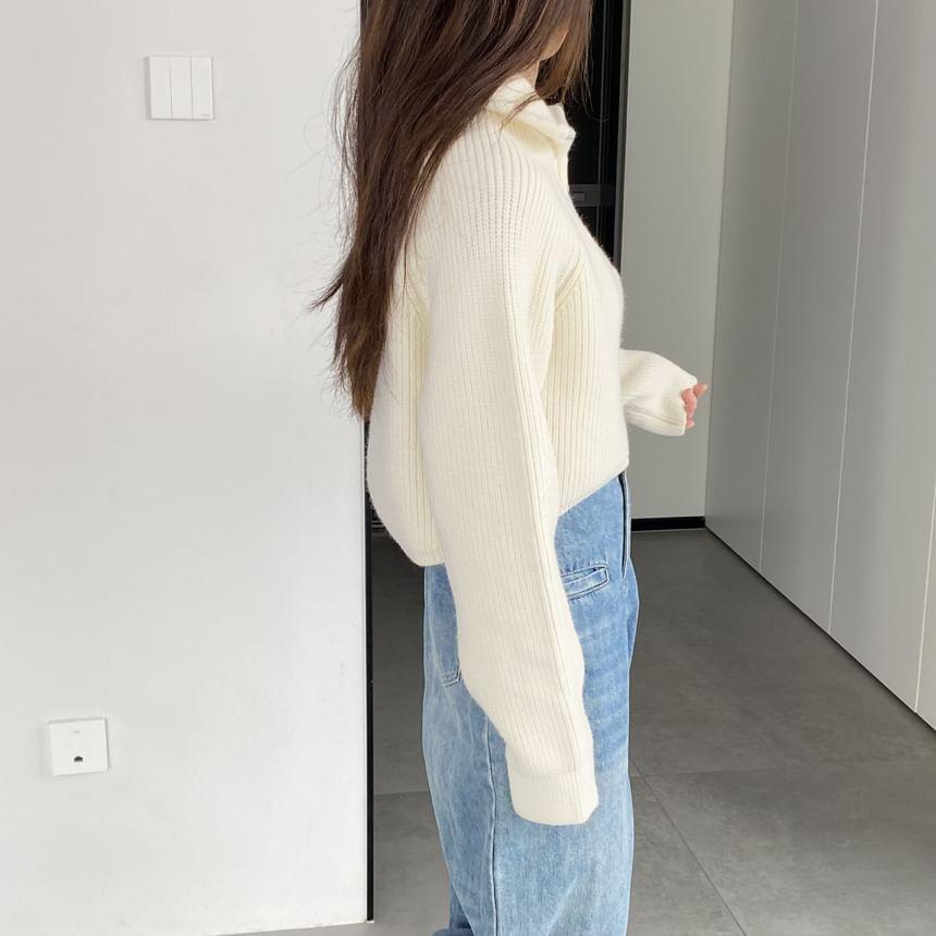 Turtleneck Half Zip Plain Ribbed Knit Crop Sweater Product Image