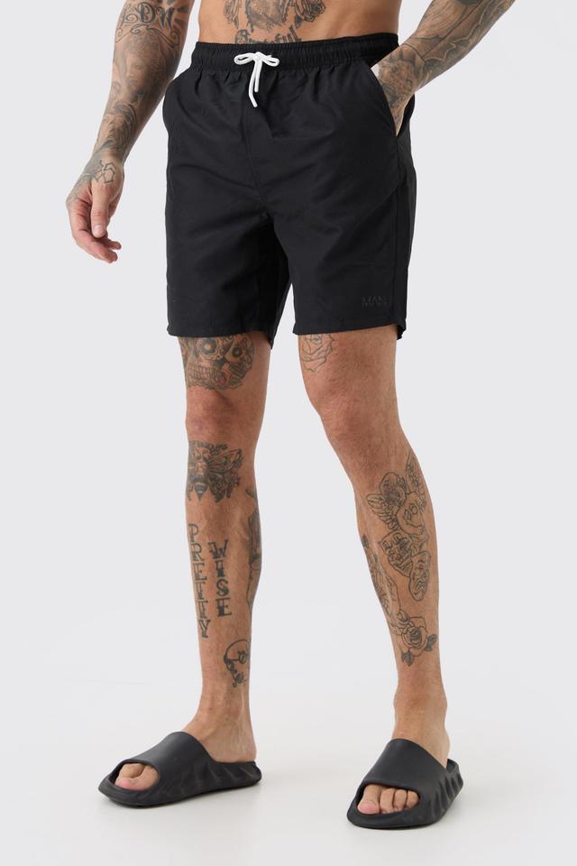 Tall Original Man Mid Length Swim Trunks | boohooMAN USA Product Image