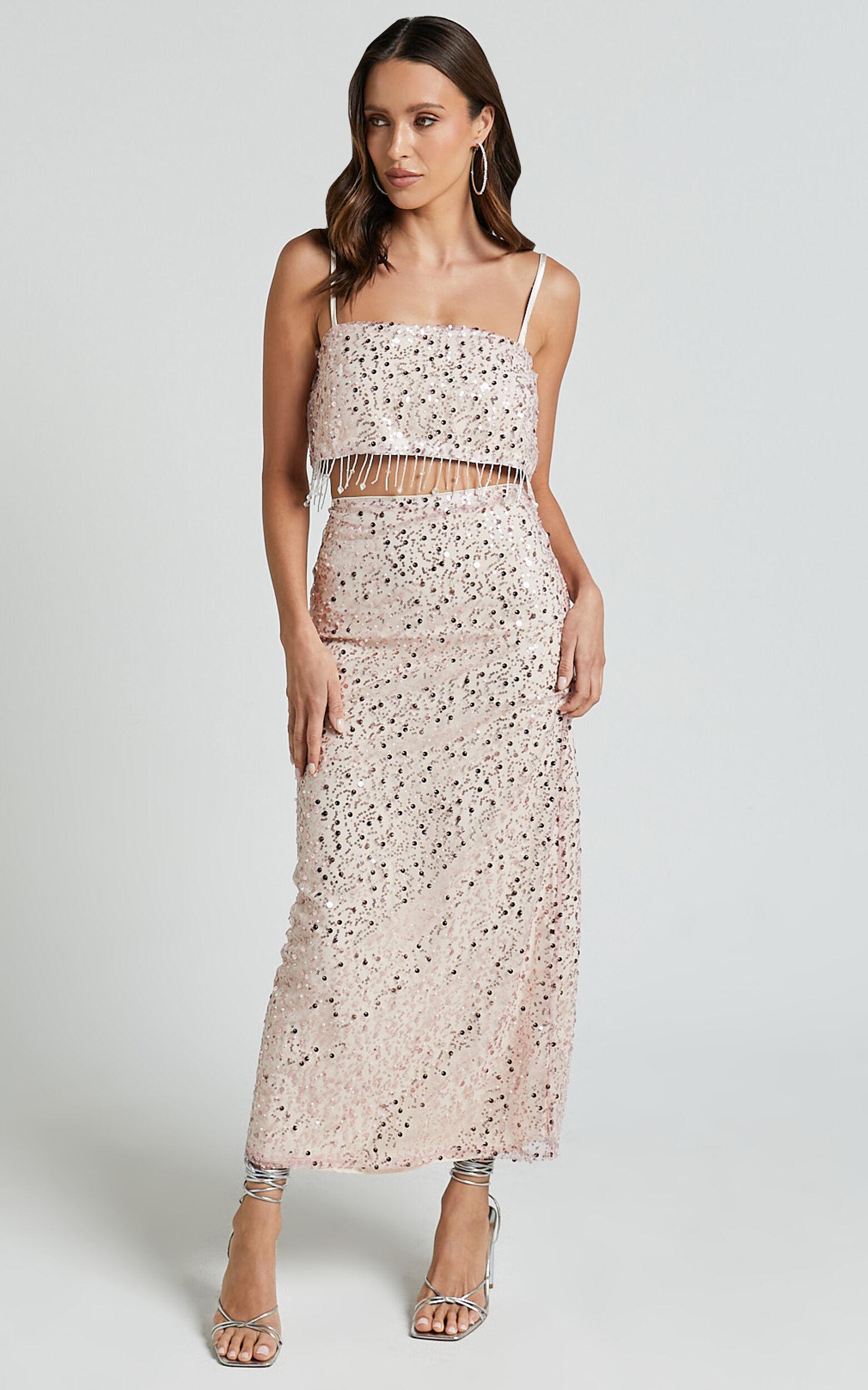 Anna Two Piece Set - Tassel Crop Top and Midi Skirt Sequin Set in Pale Pink Product Image