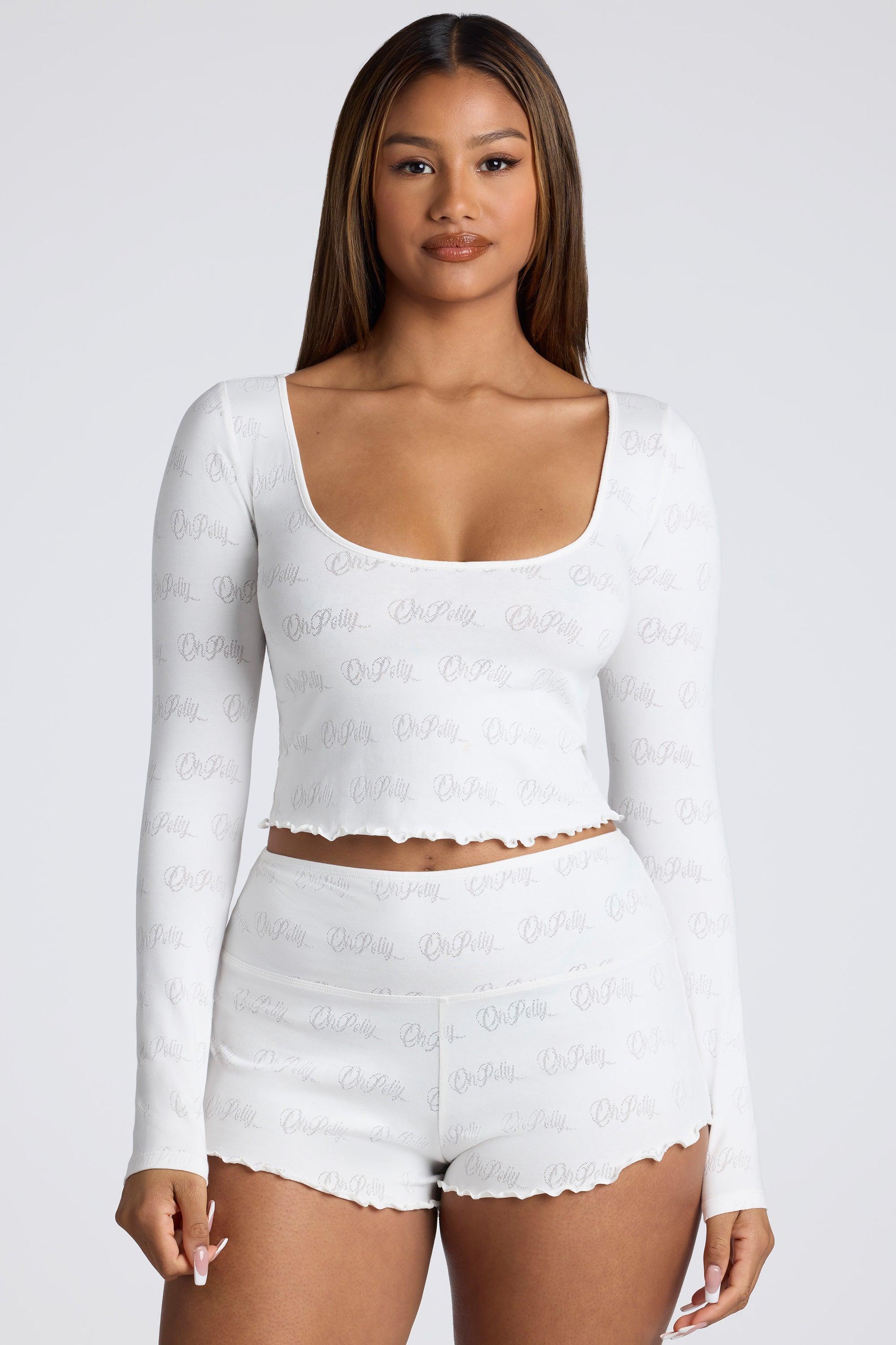 Long Sleeve Scoop Neck Pointelle Crop Top in White Female Product Image