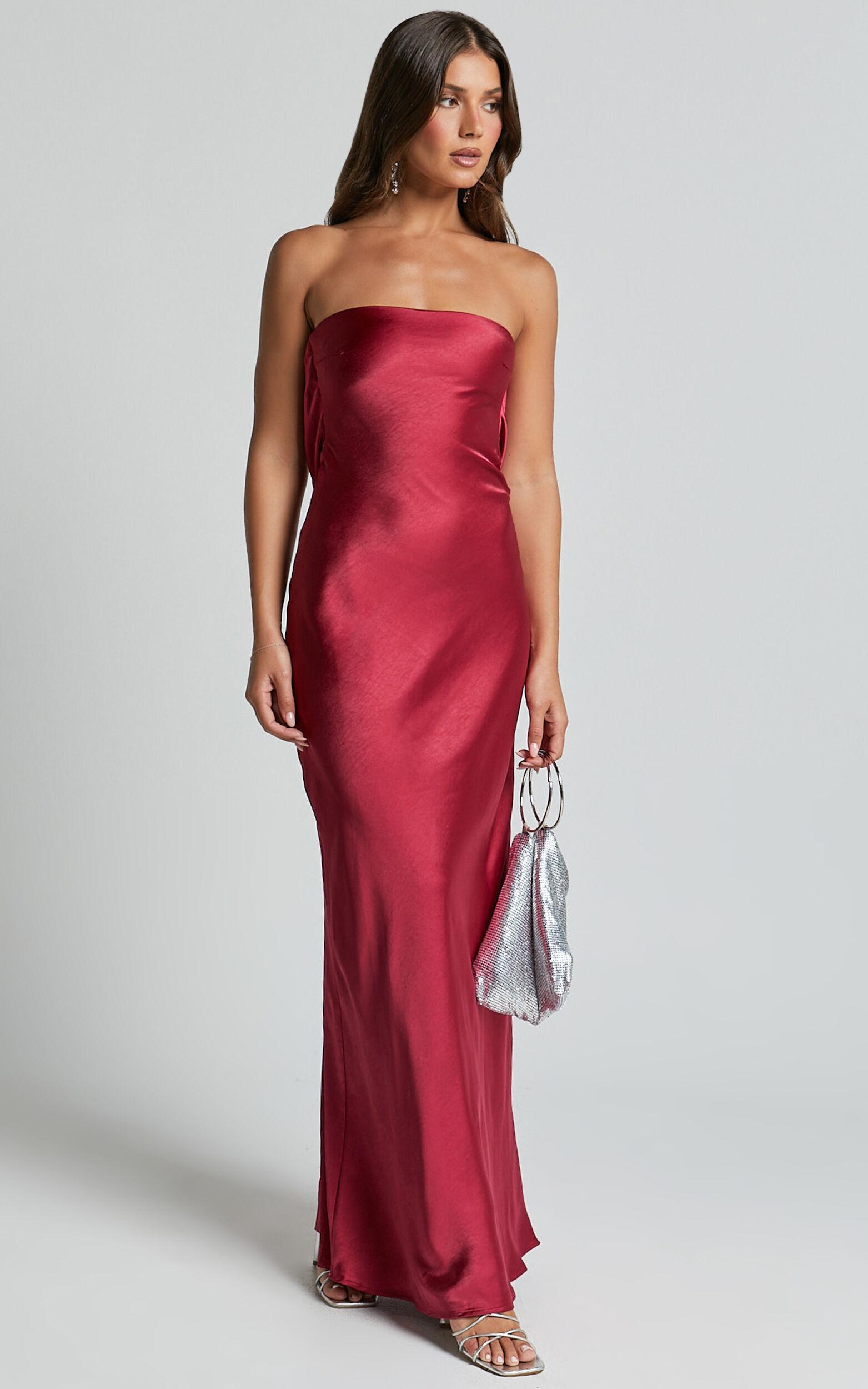 Charlita Maxi Dress - Strapless Cowl Back Satin Dress in Berry Product Image