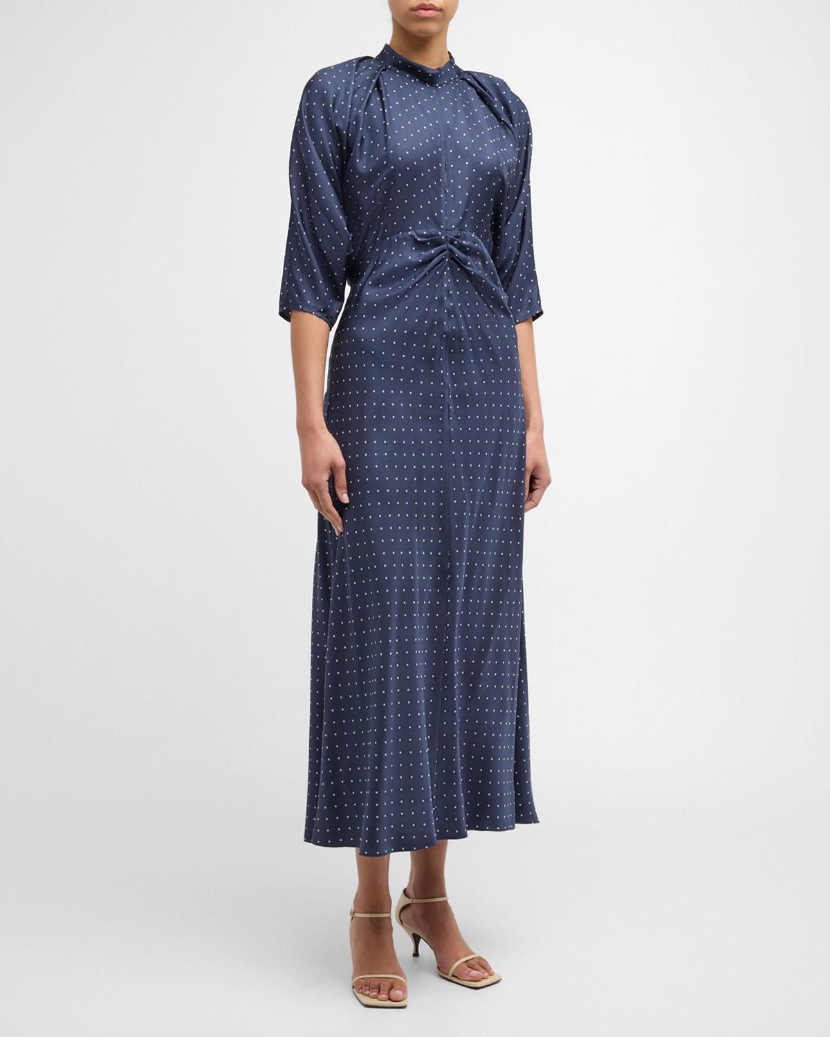 Ruched Dolman-Sleeve Polka Dot Silk Midi Dress Product Image