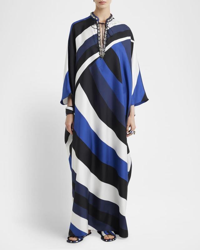 Iride-Print Crystal Neck-Tie Silk Twill Maxi Kaftan Dress Product Image