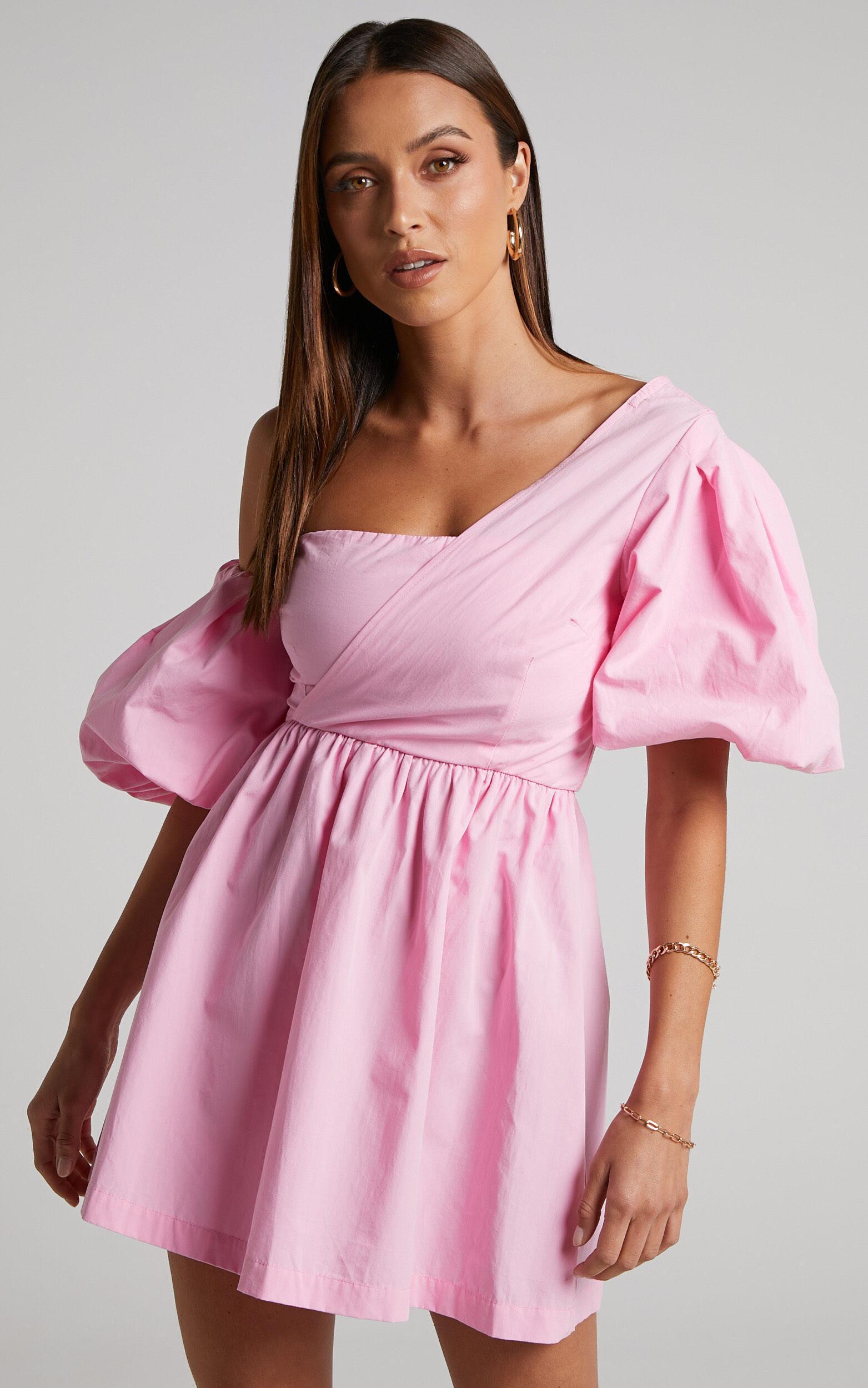 Sula Mini Dress - Asymmetric Off One Shoulder Puff Sleeve Dress in Pink Product Image