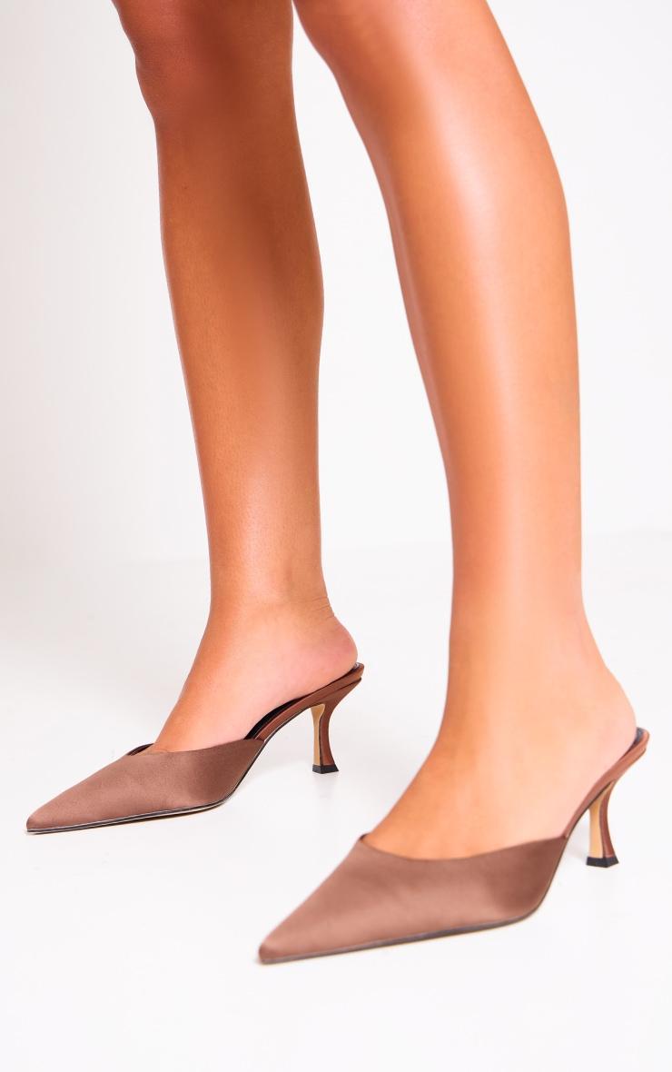 Chocolate Satin Point Toe Mid Stiletto Heeled Mules Product Image