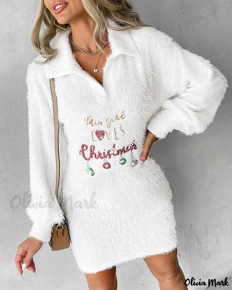 Olivia Mark – Festive Holiday Letter Pattern Sequin Contrast Fuzzy Dress for Casual Occasions product image