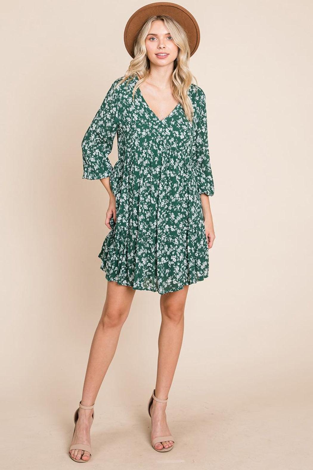 V Neck Floral Printed Long Sleeve Pleated Dress Product Image