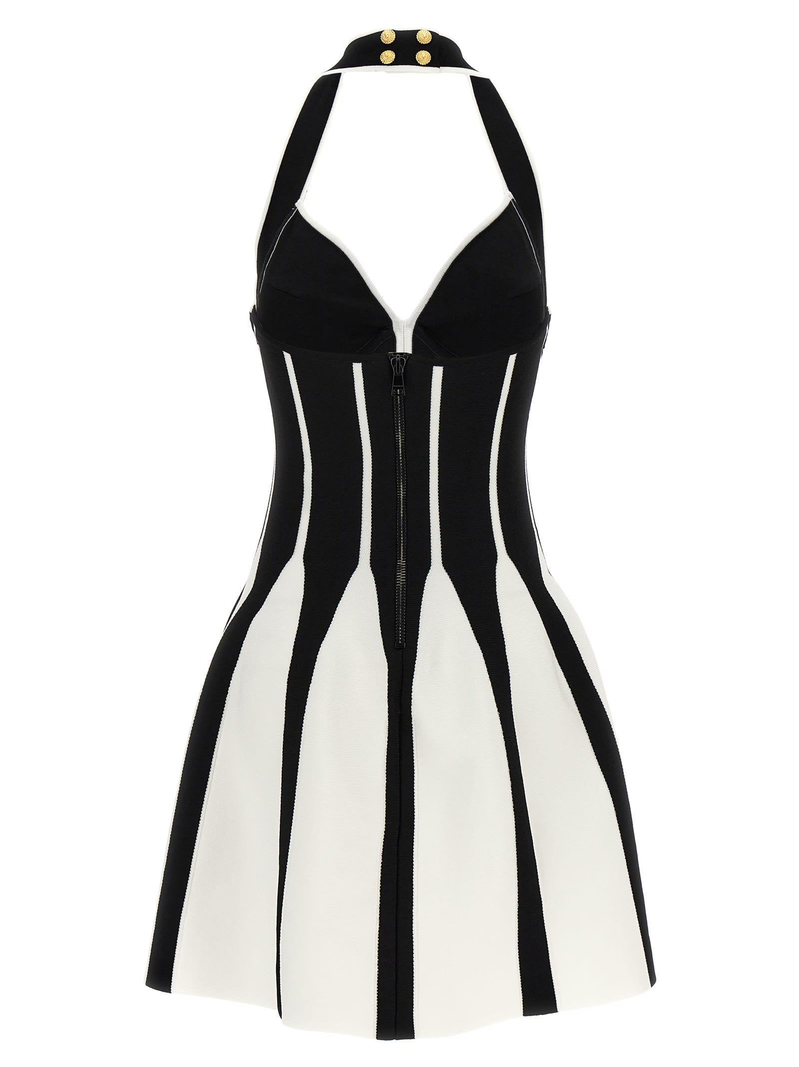 BALMAIN Backless Knit Short Halter Skater Dress In White/black Product Image