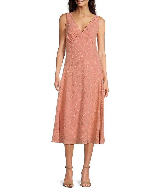 Calvin Klein Woven Jacquard Sleeveless V-Neck A-Line Midi Dress Product Image