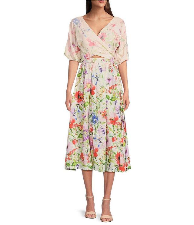 SIENA Floral Surplice V Neckline Short Puff Sleeve Pleated Midi Dress Product Image