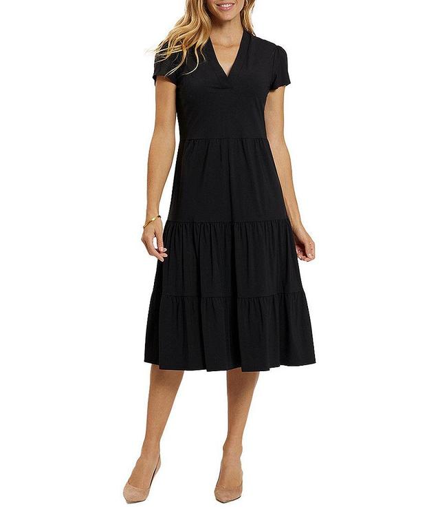 Jude Connally Libby Solid Jude Cloth Stretch Knit Wrinkle Free V-Neck Short Puffed Sleeve A-Line Tiered Midi Dress Product Image