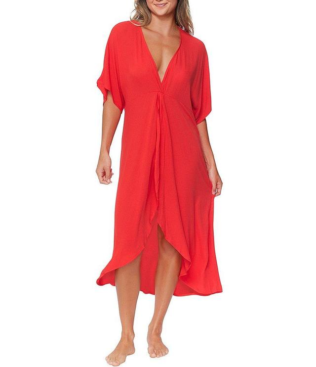 Raisins Paradise Solid V-Neck Short Sleeve Slit Front Caftan Swim Cover-Up Product Image