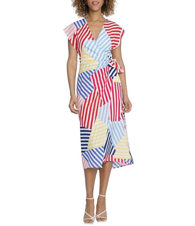 Maggy London Stripe Printed Surplice V-Neck Cap Sleeve Tie Waist Midi Dress Product Image