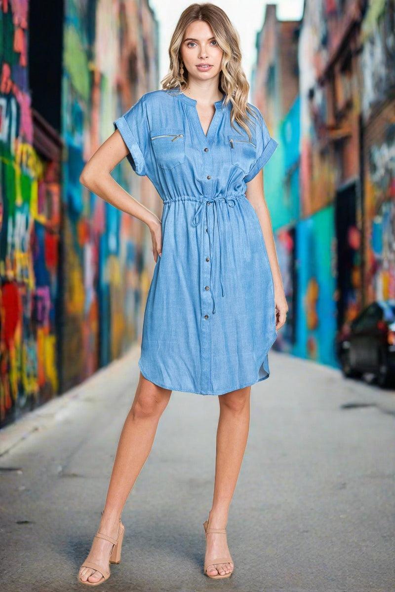 Chambray Drawstring Button Down Denim Shirt Dress product image