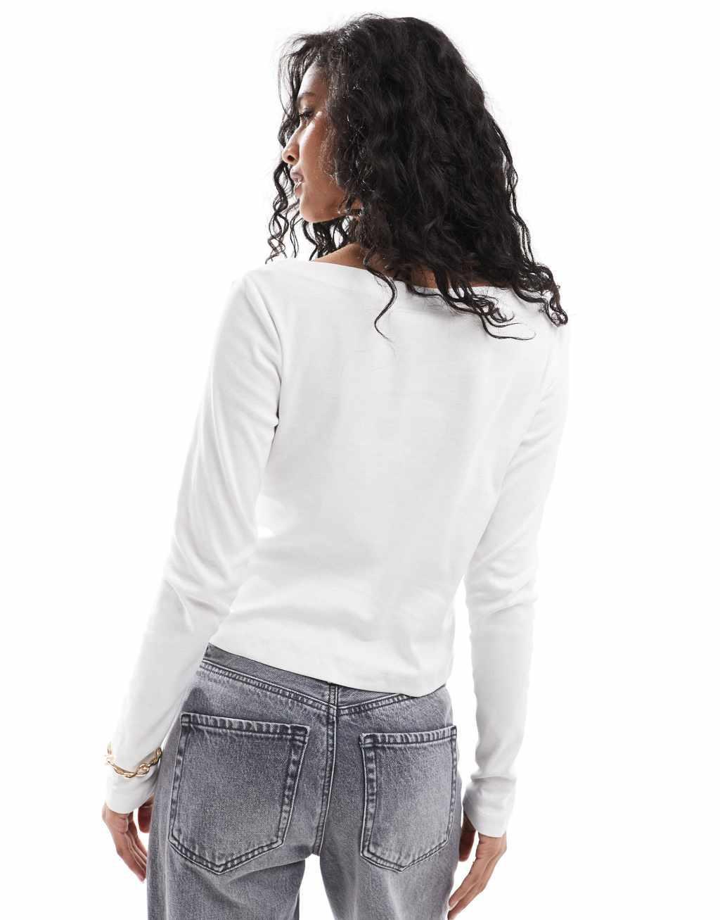 Pieces boat neck long sleeve top in cream Product Image