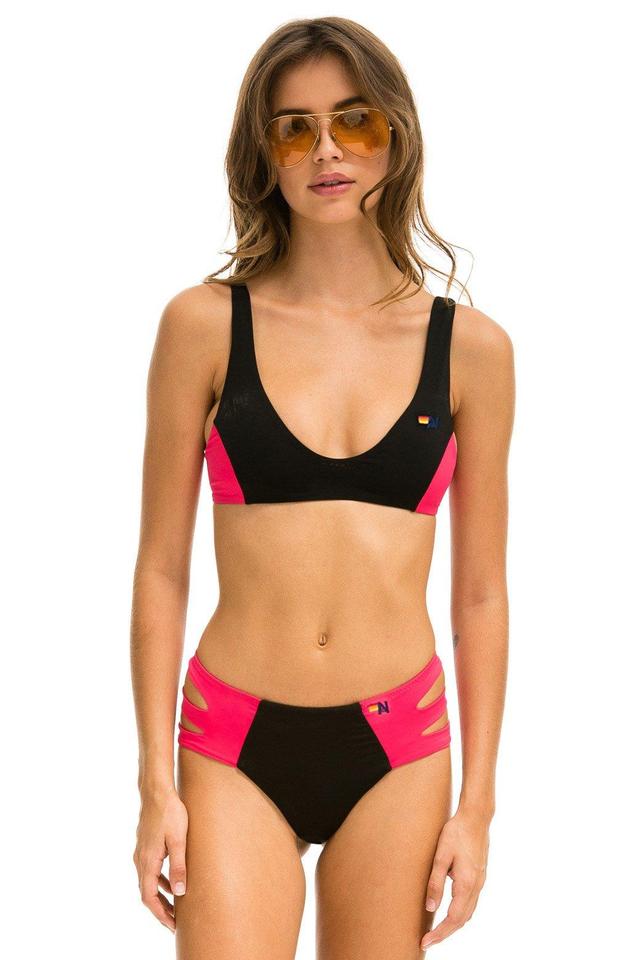 HI-WAISTED SIDE CUT OUT COLOR BLOCK FULL COVERAGE BRIEF BIKINI BOTTOMS - BLACK // RED Female Product Image