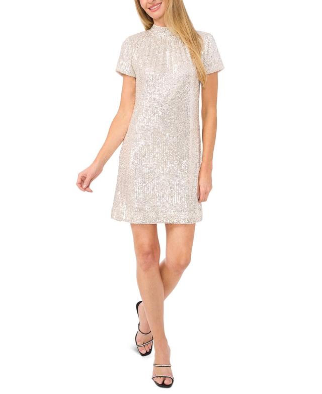 CeCe Womens Mock-Neck Short-Sleeve Sequin A-Line Dress Product Image