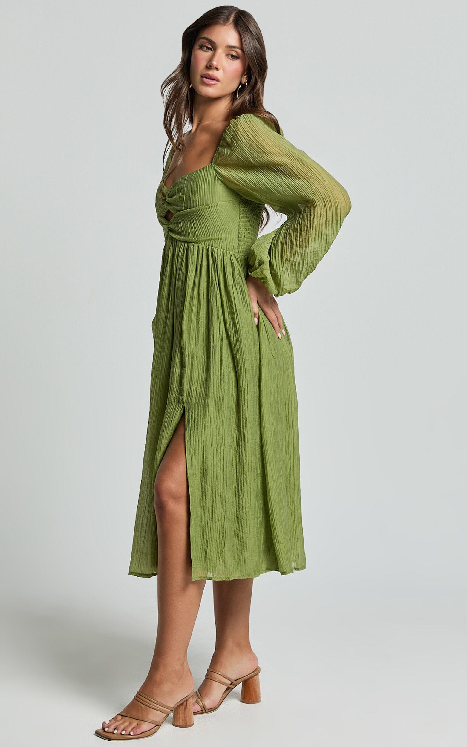 Zahara Midi Dress - Blouson Sleeve Cut Out Dress in Green Product Image