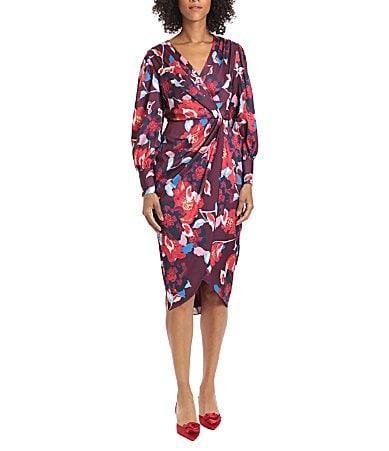 Maggy London Floral Print Long Sleeve Surplice V-Neck Faux Wrap Dress Product Image