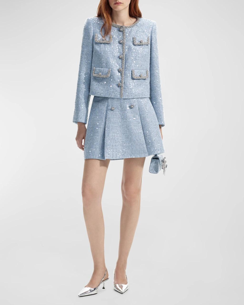 Cropped Sequin Boucle Jacket In Blue Product Image