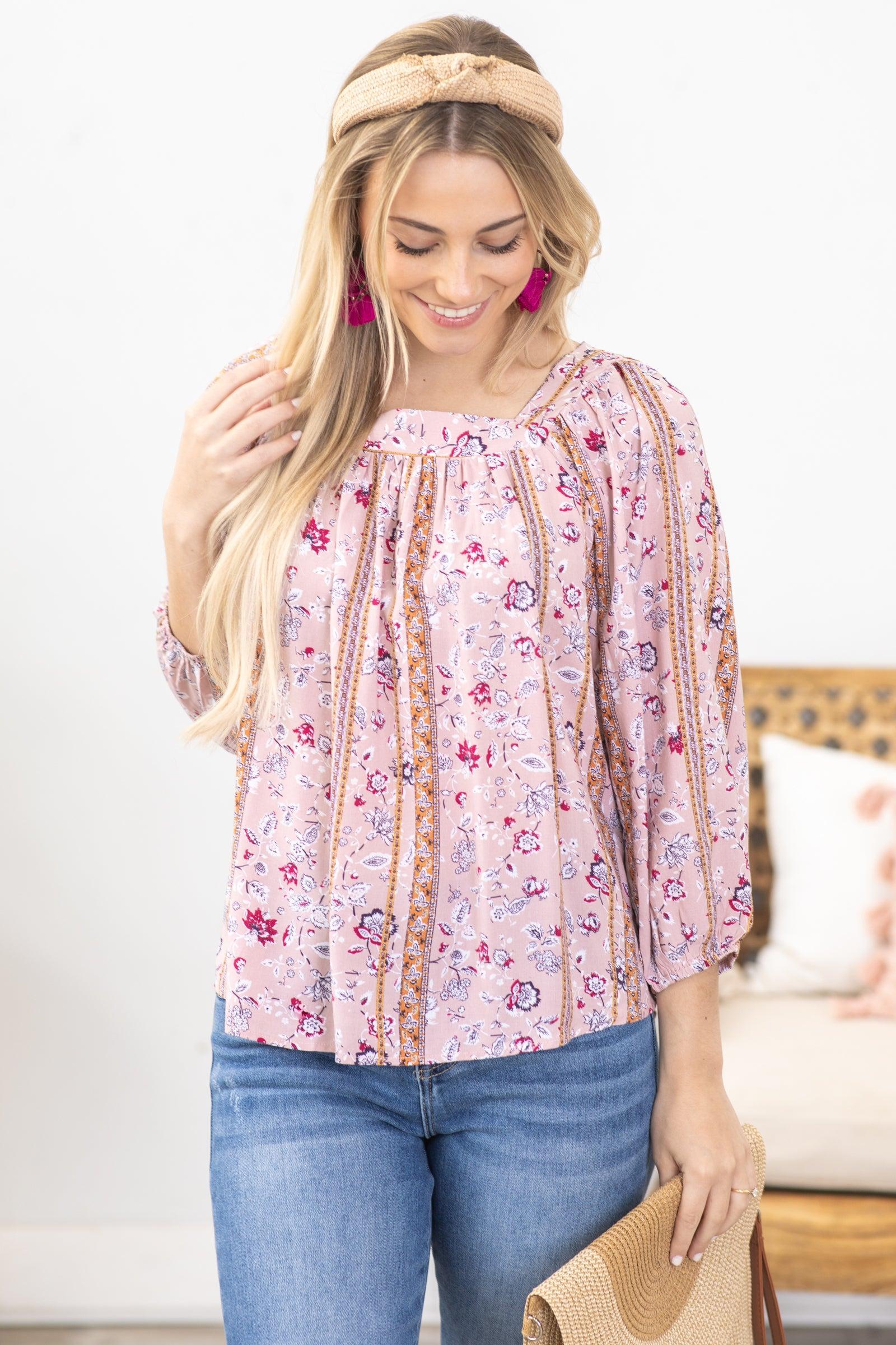 Dusty Rose Square Neckline Floral Woven Top Product Image