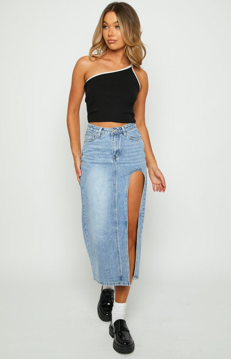 Kenzie Black Contrast Bind One Shoulder Top Product Image