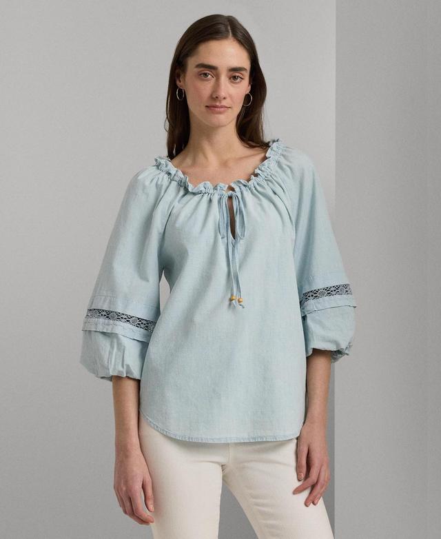 Women's Cotton Chambray Lace-Trim Blouse Product Image