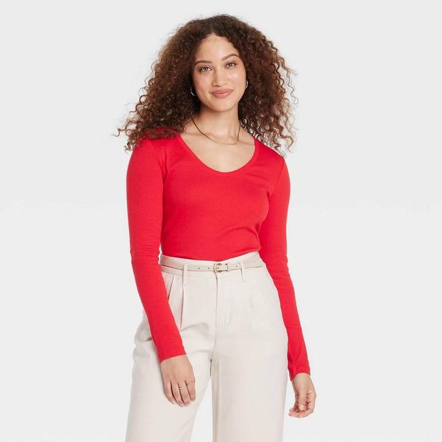 Womens Long Sleeve Scoop Neck Ribbed T-Shirt - A New Day Red Product Image