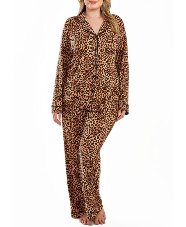 iCollection Chiya Plus Size Modal Leopard Pajama Pant Set with Button Down Collar, 2 Piece Product Image