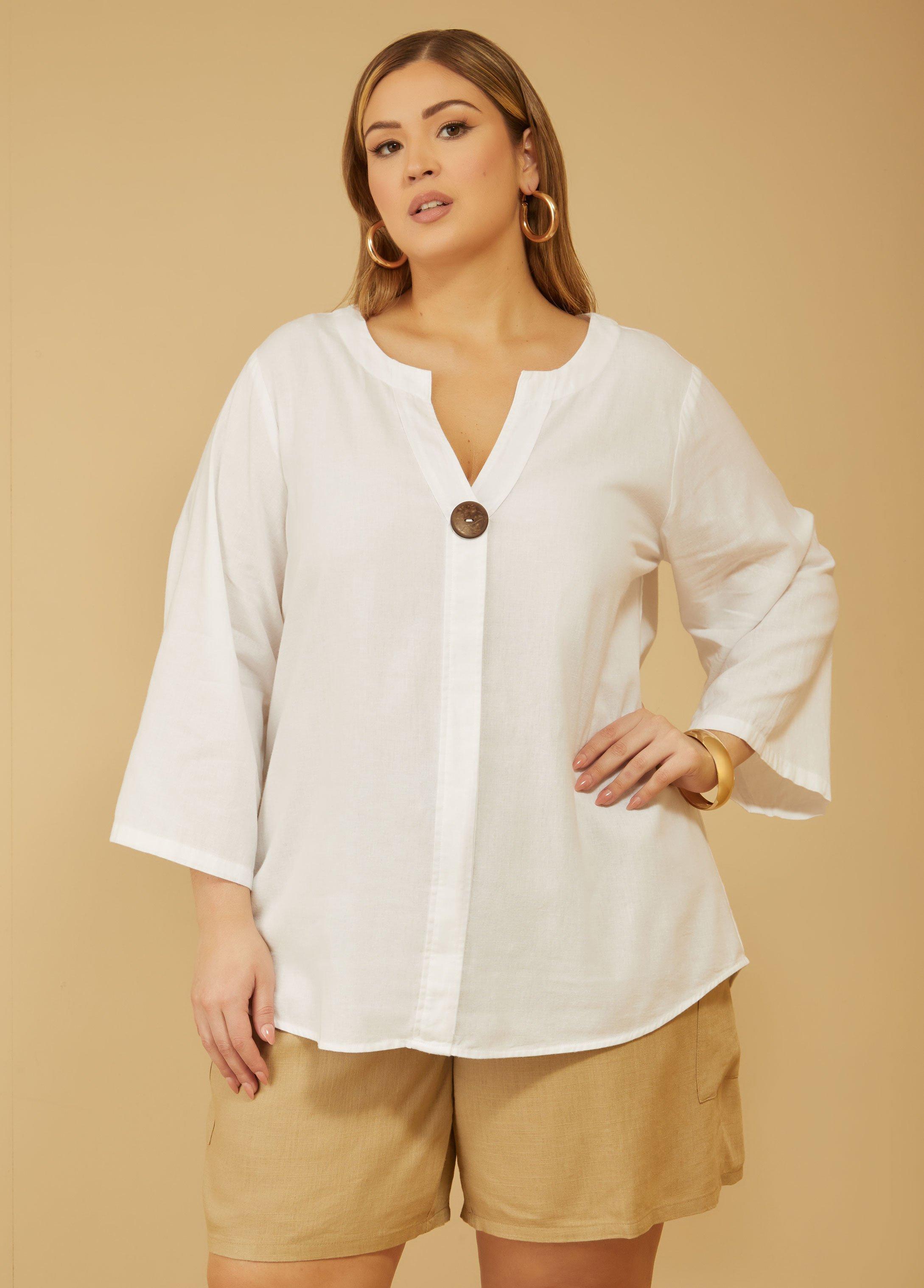 Plus Size Button Embellished Linen Blend Top Ashley Stewart Product Image