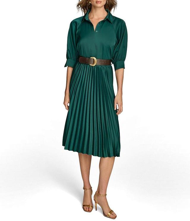 Donna Karan Satin 3/4 Sleeve Pleated Skirt Button Front Belted Dress Product Image