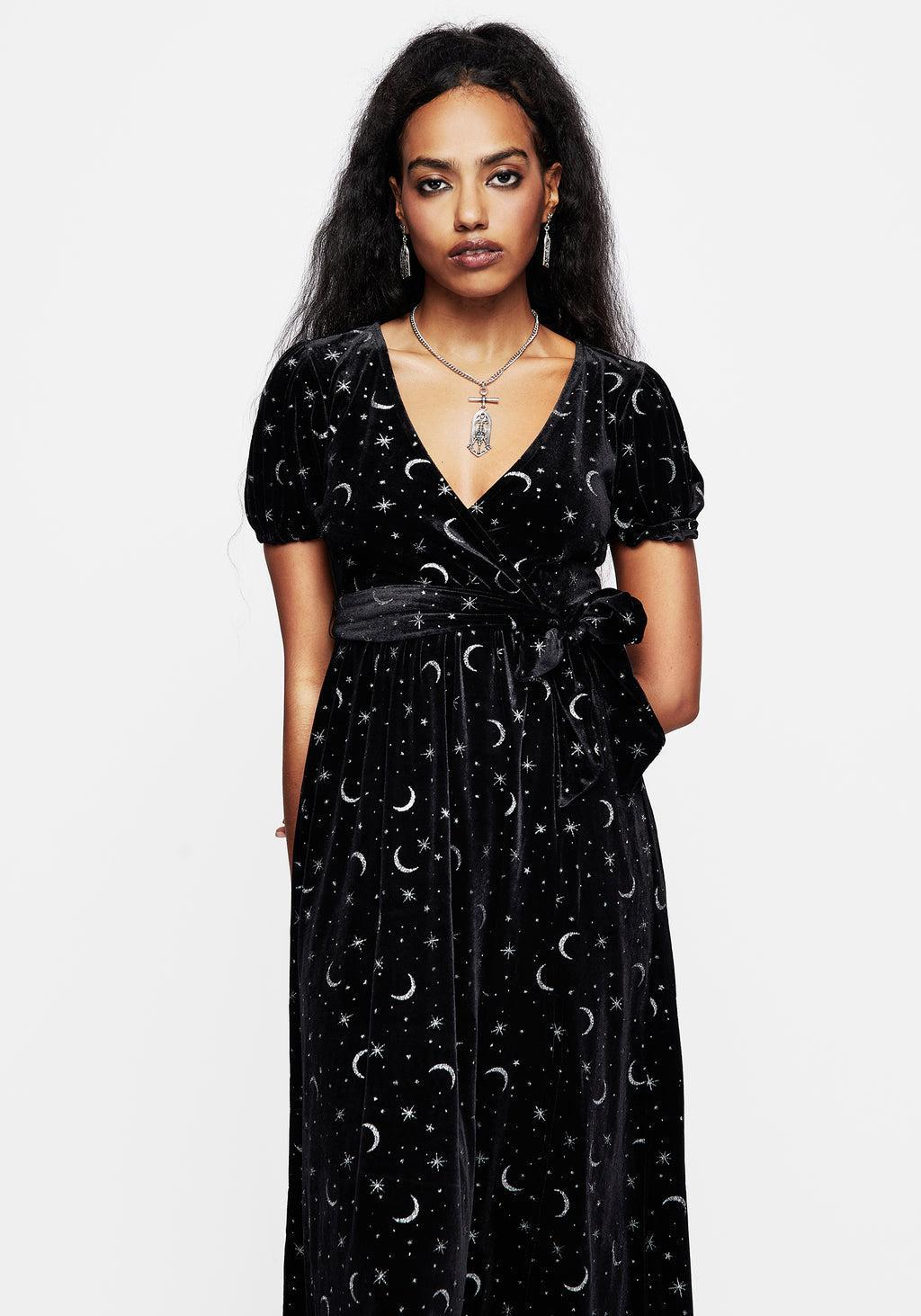 Constellation Glitter Print Velour Midi Wrap Dress Product Image