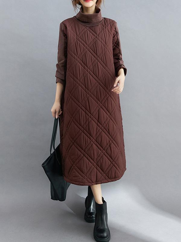 Simple Split-Joint High-Neck H-Line Quilted Midi Dress Product Image