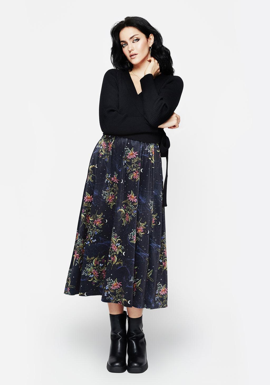 Cleome Floral Spiderweb Velour Midi Skirt Product Image