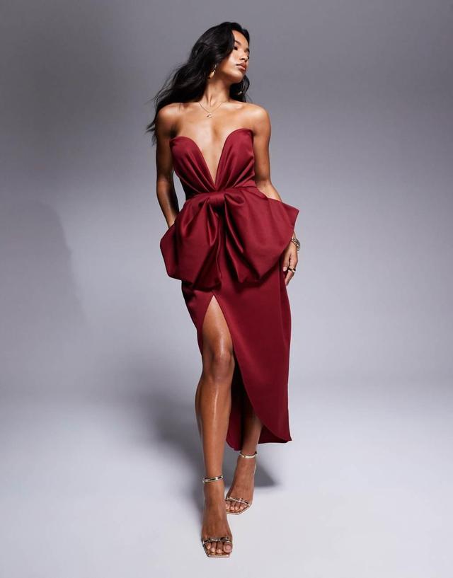 ASOS DESIGN bandeau midi dress with oversized bow in burgundy Product Image