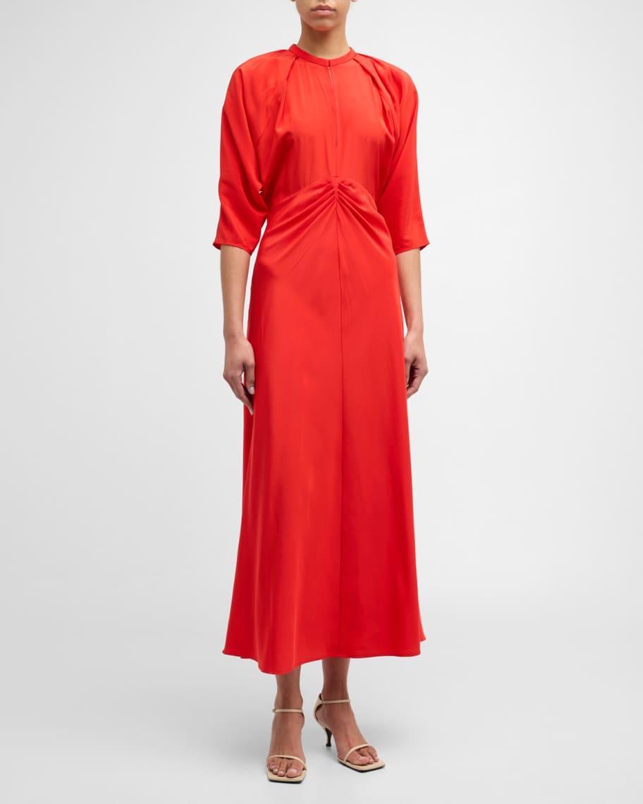 Ruched Dolman-Sleeve Silk Midi Dress Product Image