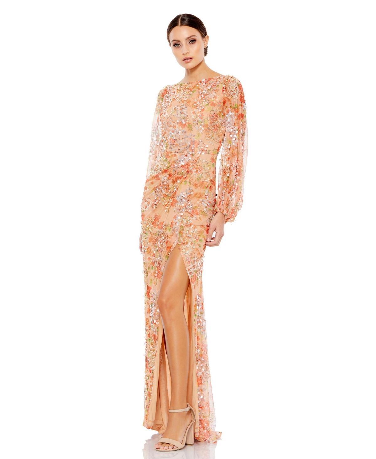 Womens Floral Print Sequined Puff Sleeve Gown Product Image