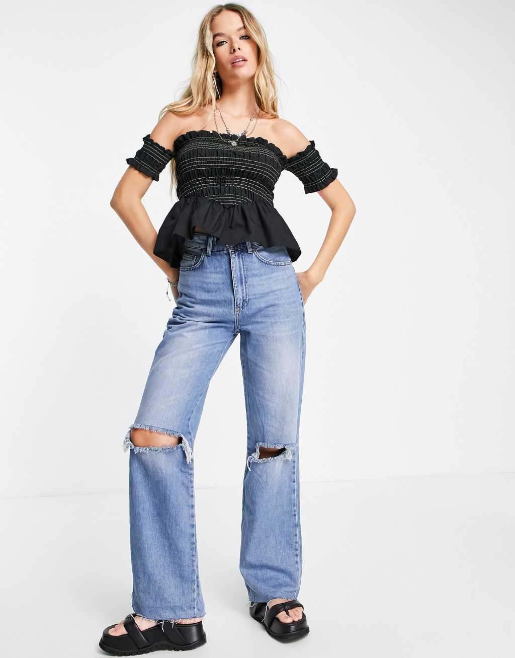 Topshop contrast stitch shirred bardot top Product Image