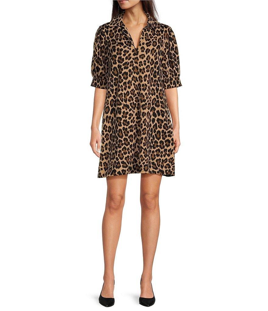 Jude Connally Emerson Large Leopard Print Jude Cloth Knit Point Collar Puffed Sleeve Shift Dress Product Image