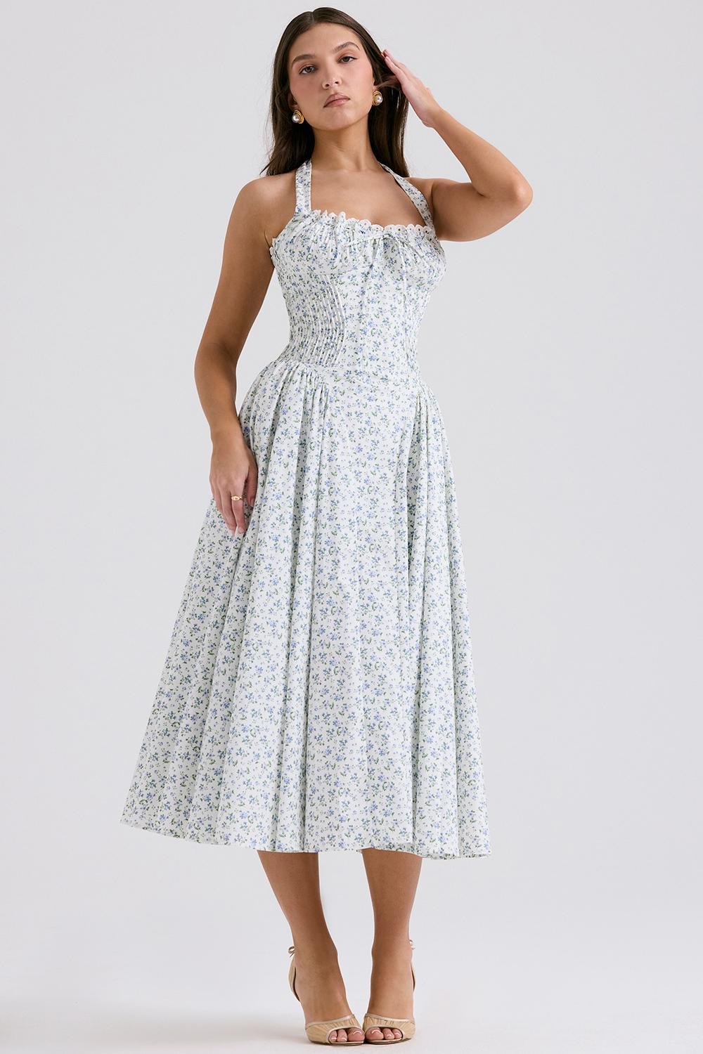 Adabella White Bluebell Print Cotton Halter Sundress Product Image